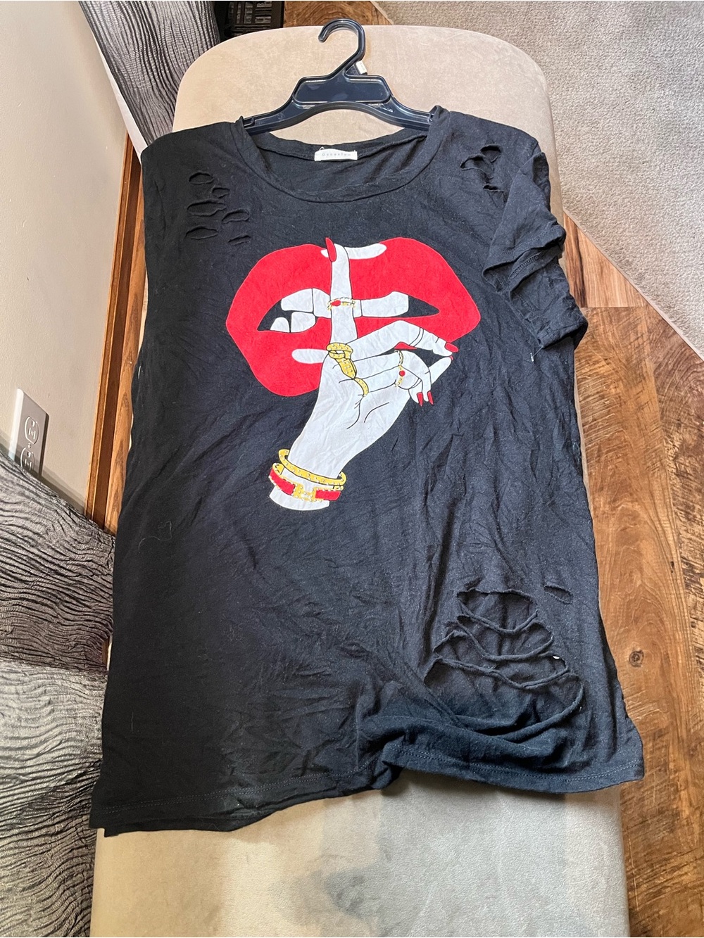 Occasion Black Short Sleeve Tee with Red Lip & White Hand Graphic